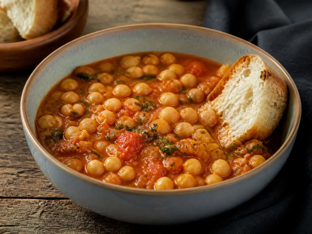 Tomato chickpea stew served in a bowl with torn bread