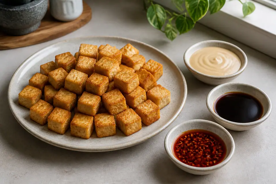 Crispy tofu with separate bowls of tahini soy and chilli sauces