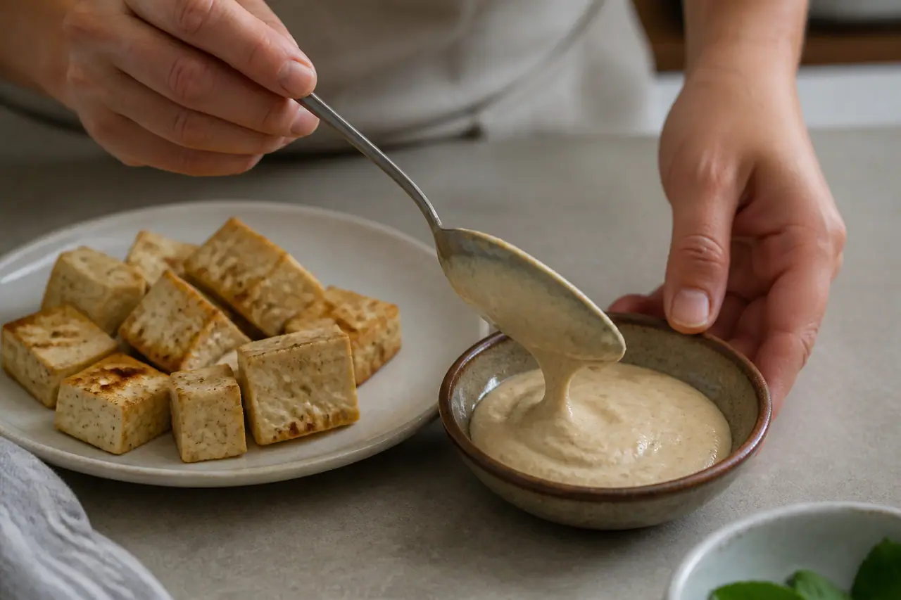 Hands spooning thick tahini dressing beside crisp tofu in a bowl