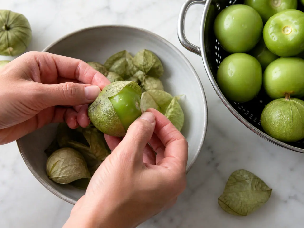 Hands peeling papery husks from fresh tomatillos over a bowl