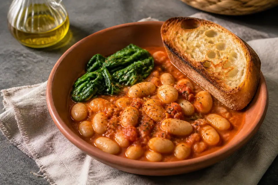 Tomato butter beans with sourdough toast and greens and toast