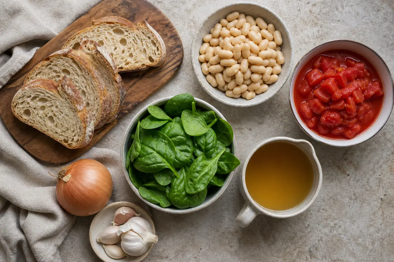 Butter beans tomatoes toast and greens and toast arranged for cooking