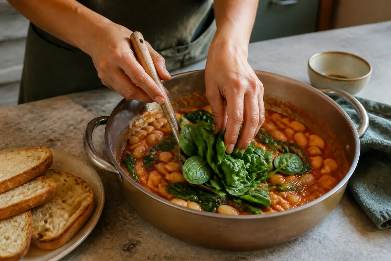 Hands stirring tomato beans in a wide saucepan before finishing