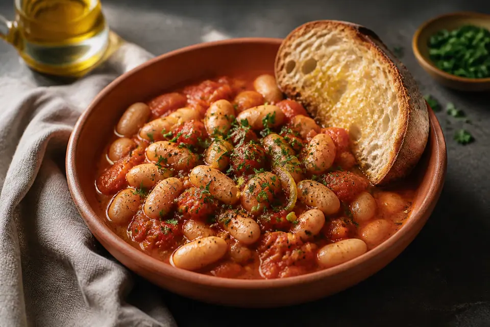 Tomato butter beans with sourdough toast and fresh toast and lemon