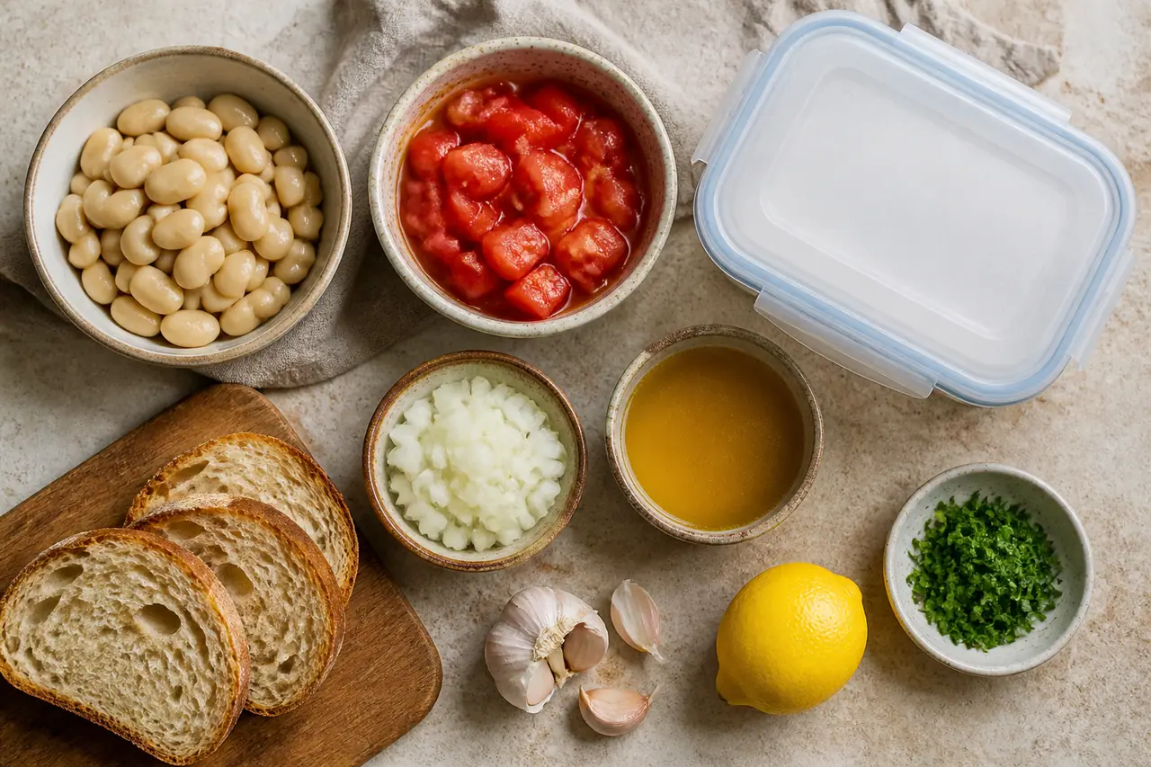 Butter beans tomatoes toast and fresh toast and lemon arranged for cooking