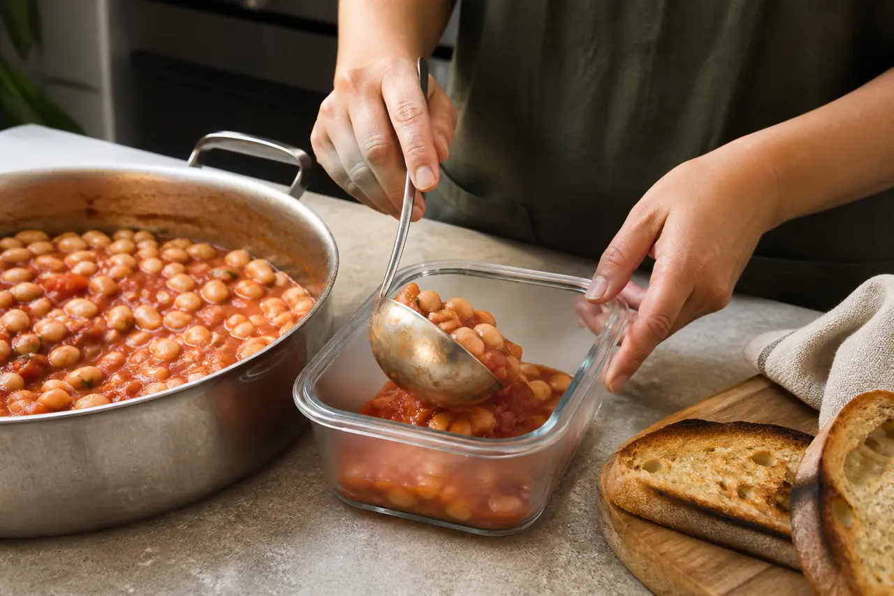 Hands stirring tomato beans in a wide saucepan before finishing