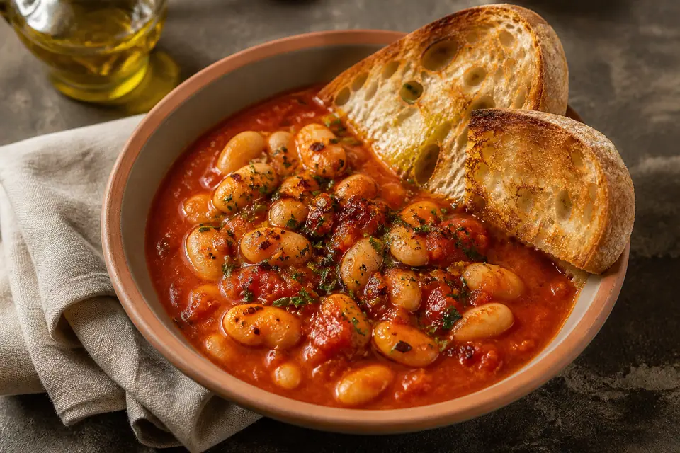 Tomato butter beans with sourdough toast and sesame chilli oil