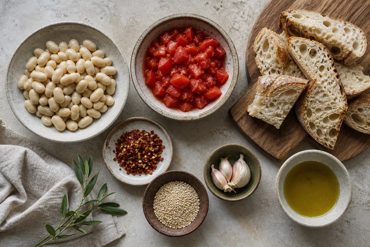 Butter beans tomatoes toast and sesame chilli oil arranged for cooking