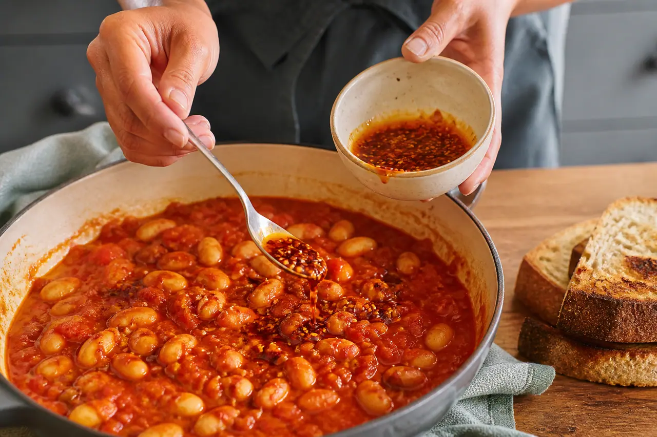 Hands stirring tomato beans in a wide saucepan before finishing