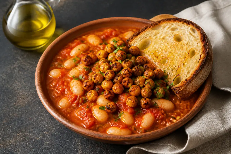 Tomato butter beans with sourdough toast and crispy chickpeas