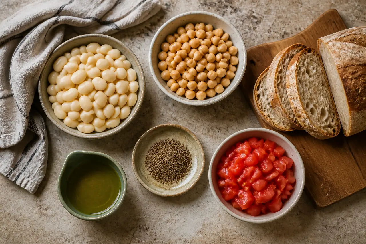 Butter beans tomatoes toast and crispy chickpeas arranged for cooking
