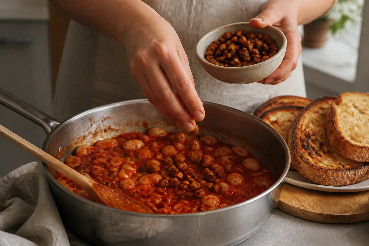 Hands stirring tomato beans in a wide saucepan before finishing