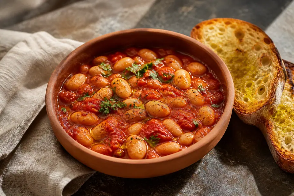 Tomato butter beans with sourdough toast and lemon and herbs