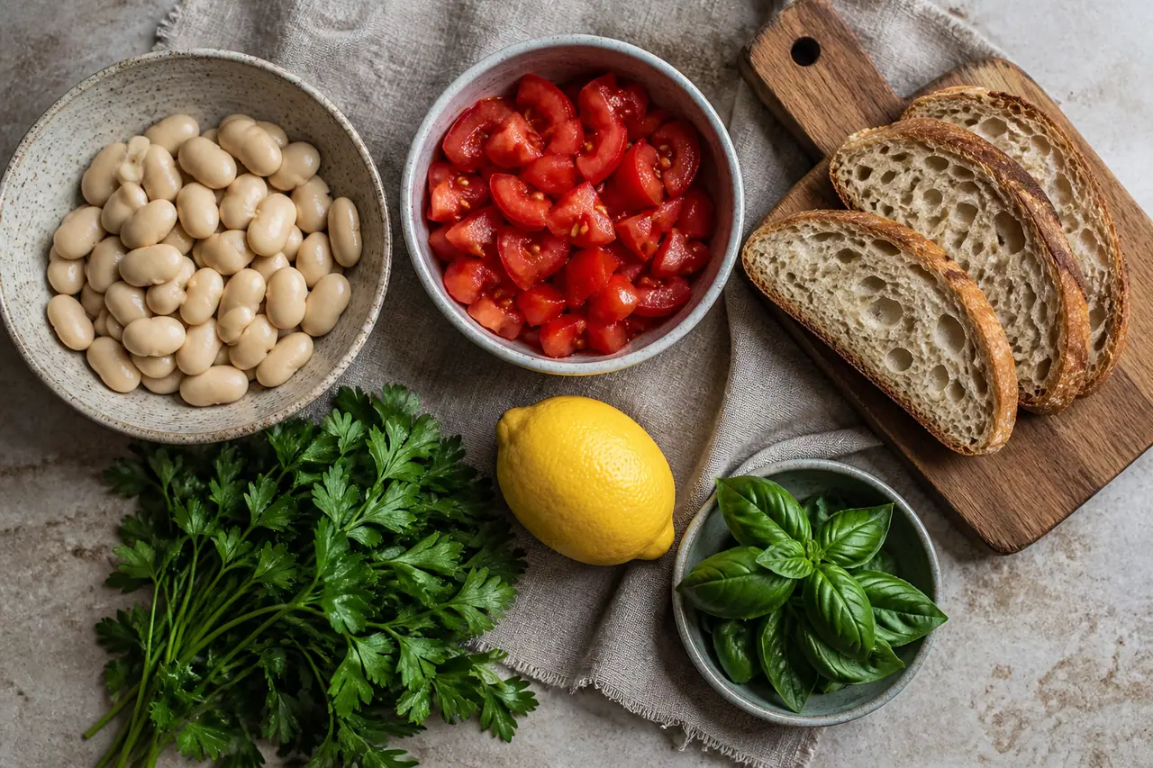 Butter beans tomatoes toast and lemon and herbs arranged for cooking