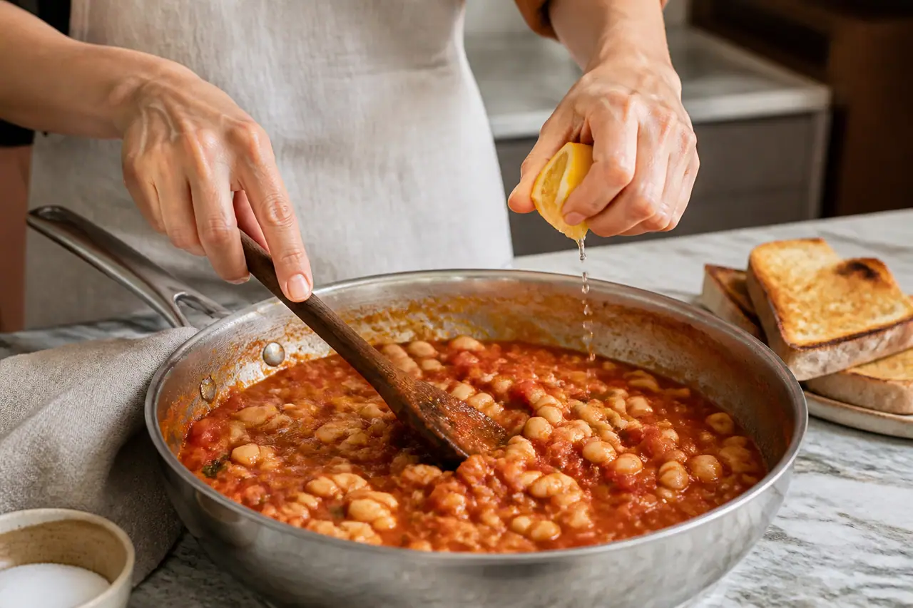 Hands stirring tomato beans in a wide saucepan before finishing