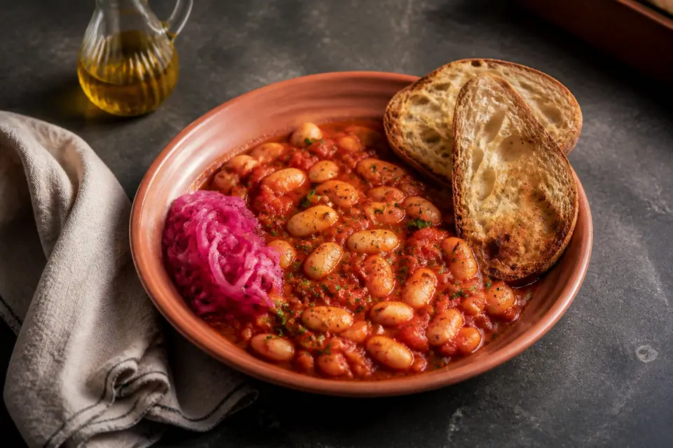 Tomato butter beans with sourdough toast and quick pickled red onions