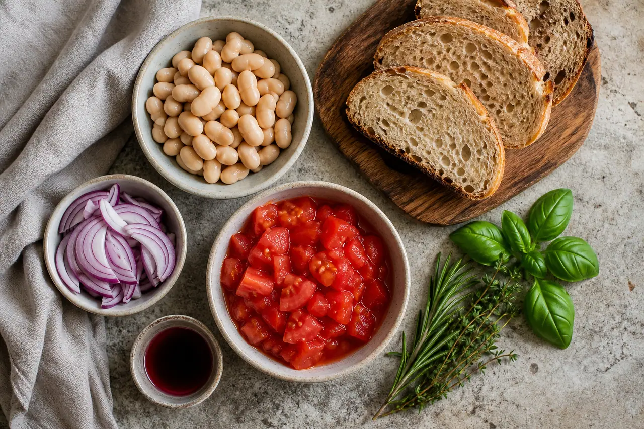 Butter beans tomatoes toast and quick pickled red onions arranged for cooking