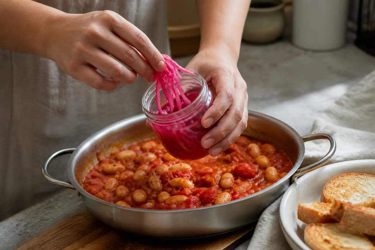 Hands stirring tomato beans in a wide saucepan before finishing
