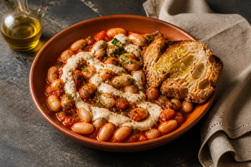 Tomato butter beans with sourdough toast and lemon tahini swirl