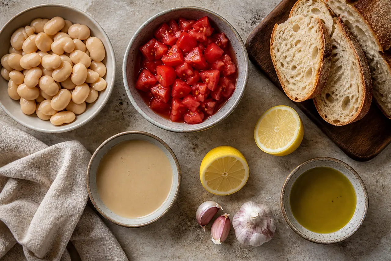 Butter beans tomatoes toast and lemon tahini swirl arranged for cooking