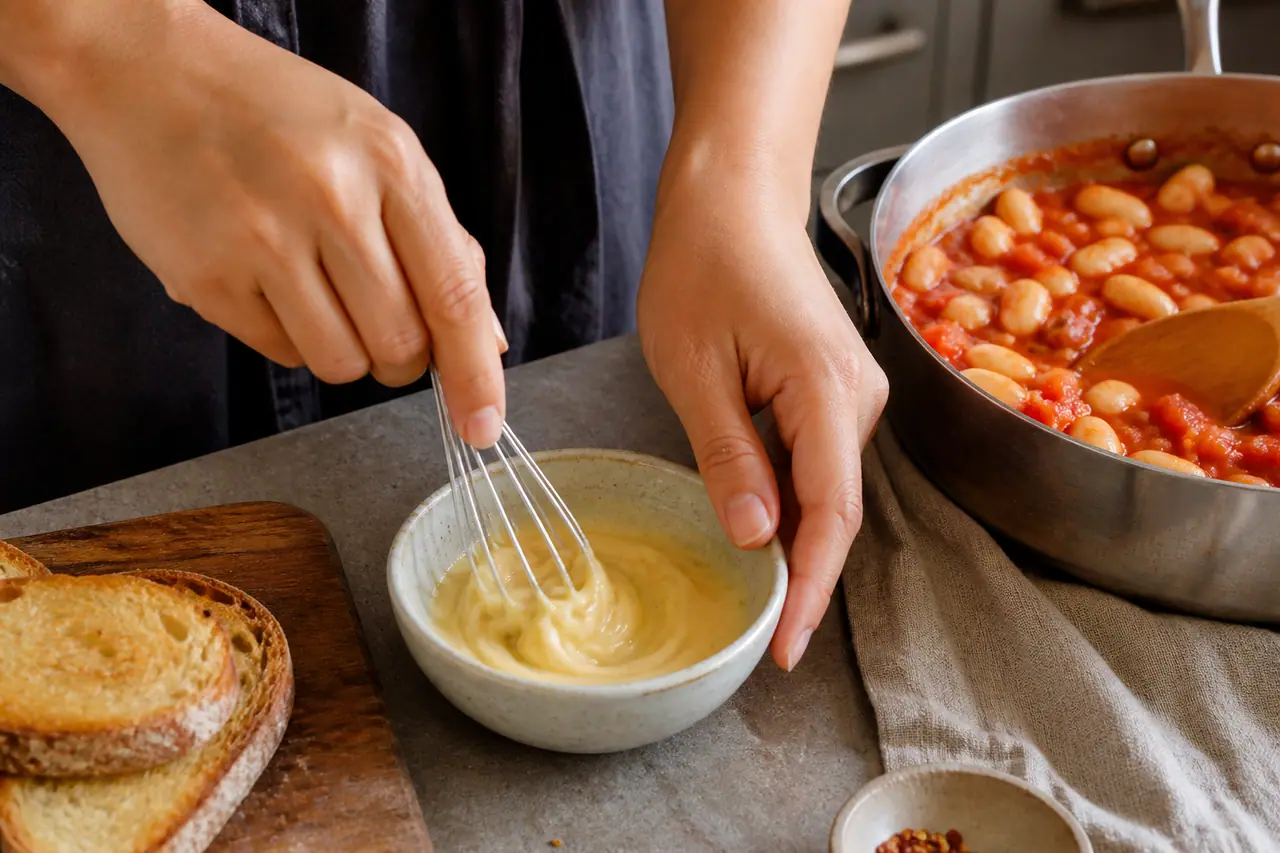 Hands stirring tomato beans in a wide saucepan before finishing