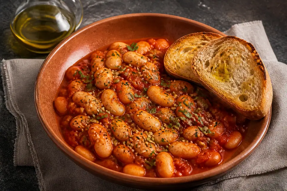 Tomato butter beans with sourdough toast and toasted pumpkin and sesame seeds