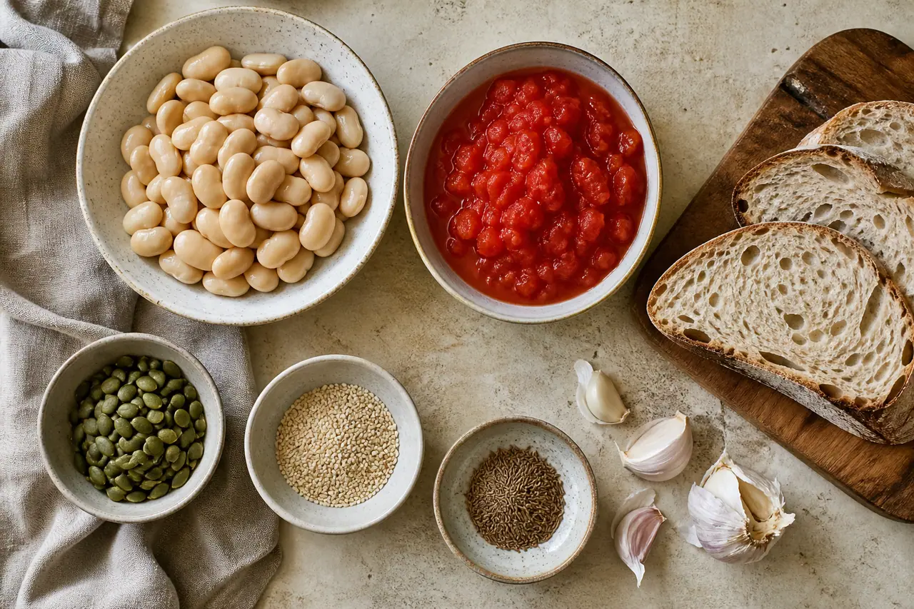 Butter beans tomatoes toast and toasted pumpkin and sesame seeds arranged for cooking