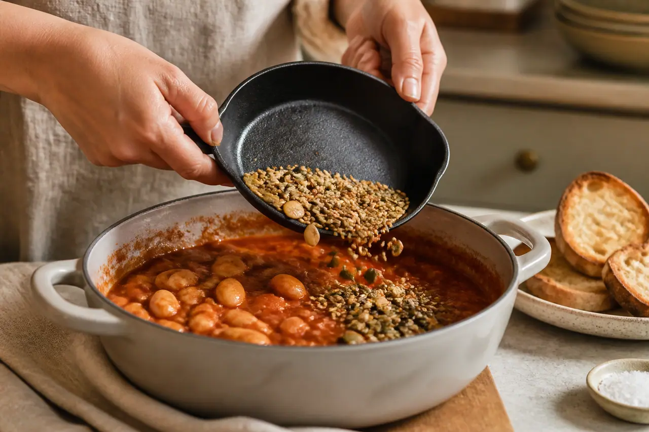 Hands stirring tomato beans in a wide saucepan before finishing
