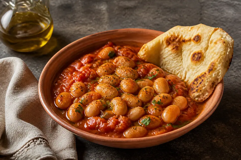 Tomato butter beans with sourdough toast and warm flatbread