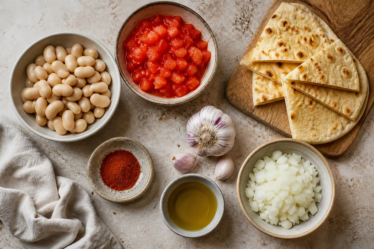Butter beans tomatoes toast and warm flatbread arranged for cooking