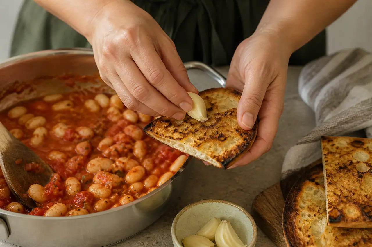 Hands stirring tomato beans in a wide saucepan before finishing