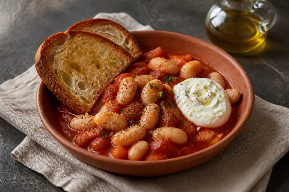 Tomato butter beans with sourdough toast and lemony yogurt