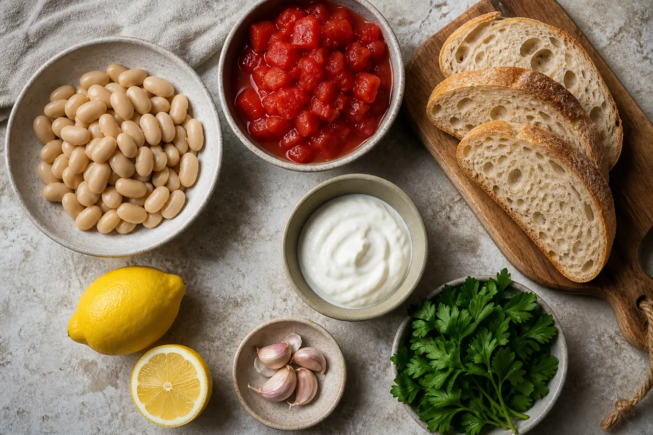Butter beans tomatoes toast and lemony yogurt arranged for cooking