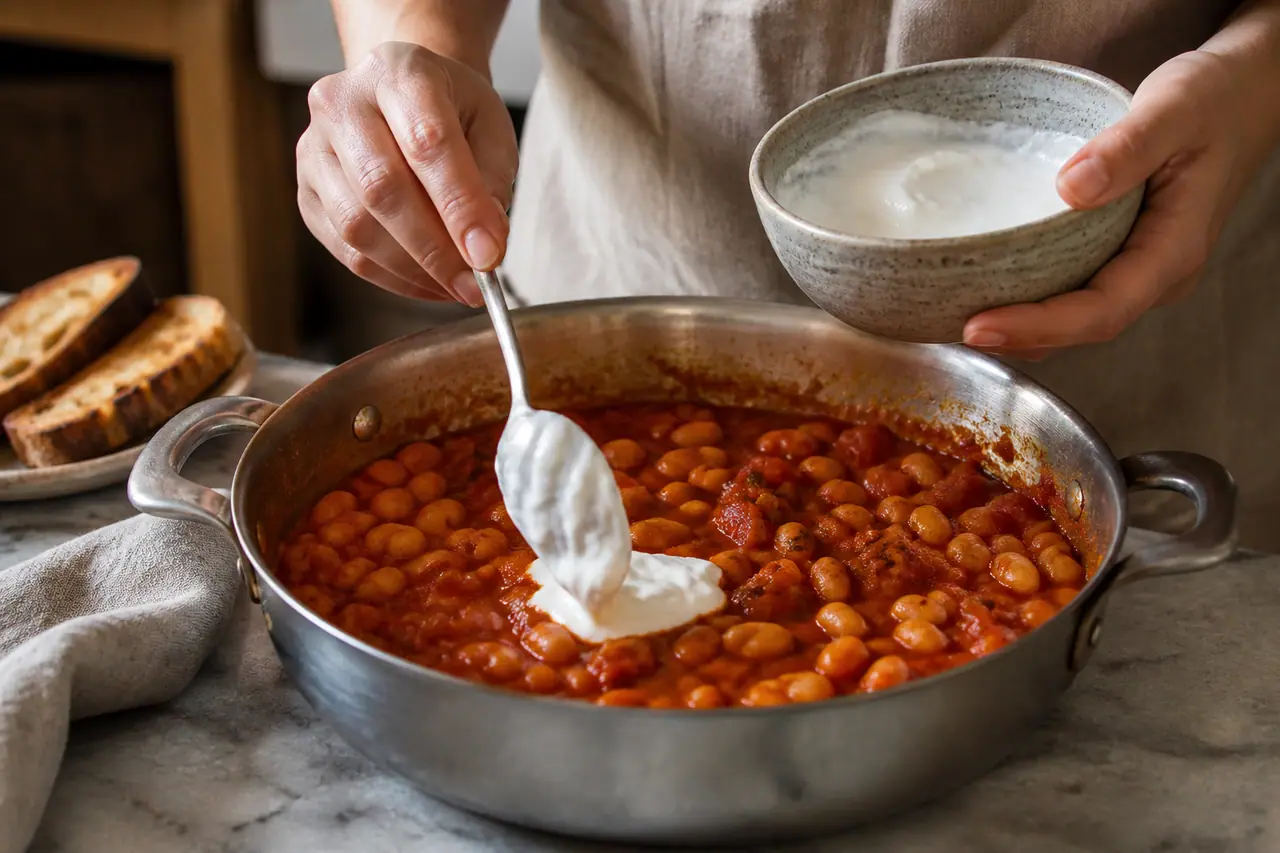 Hands stirring tomato beans in a wide saucepan before finishing