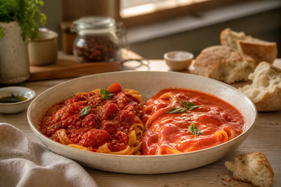 Chunky and smooth tomato sauces served beside pasta