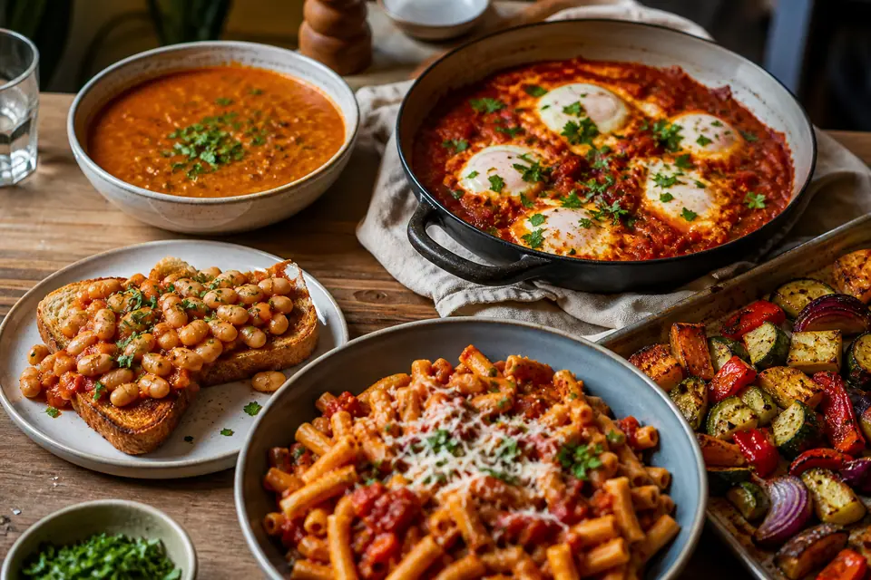 Five simple dinners made with tomato paste on a kitchen table
