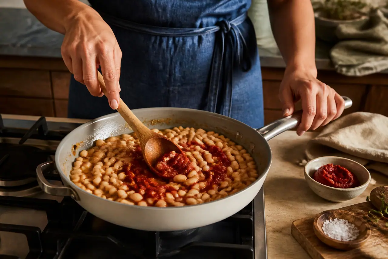 Hands stirring tomato paste into beans in a wide skillet