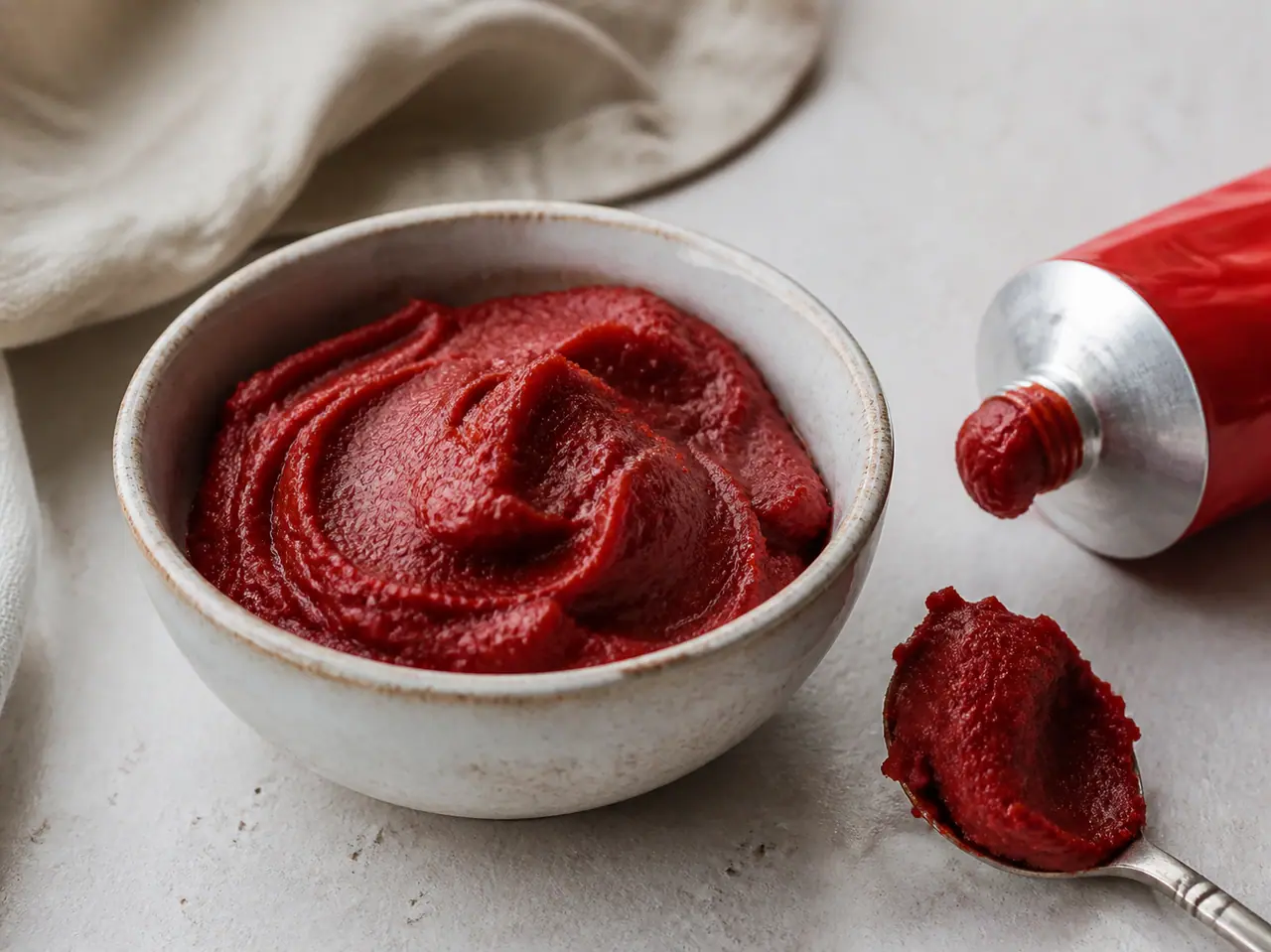 Thick tomato paste in a bowl beside an opened tube