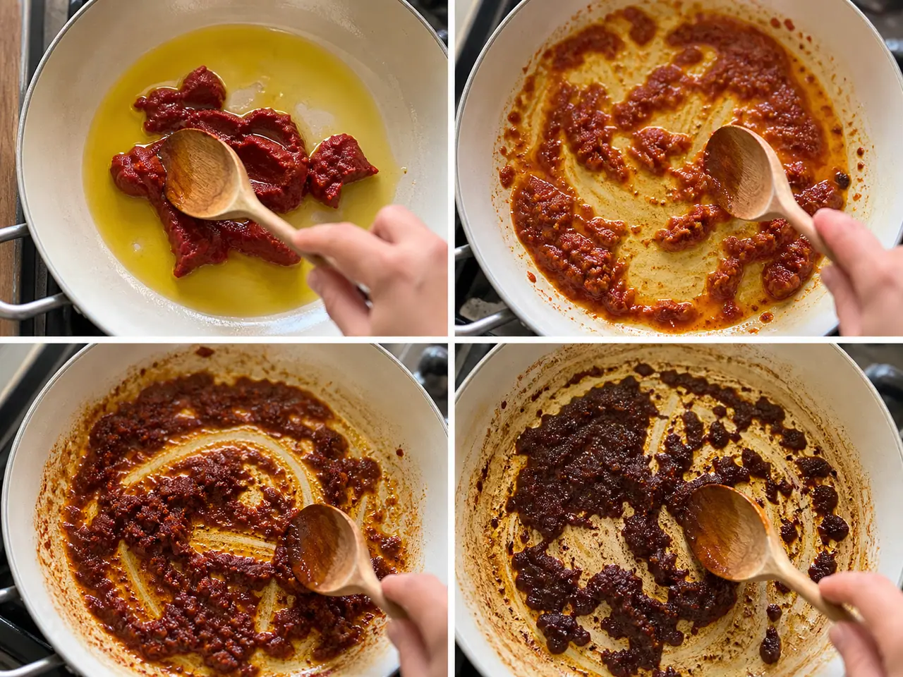 Hands stirring tomato paste through olive oil in a skillet