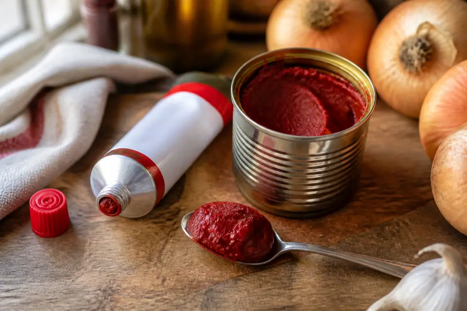 Tomato paste in a tube beside an open tin and a spoon