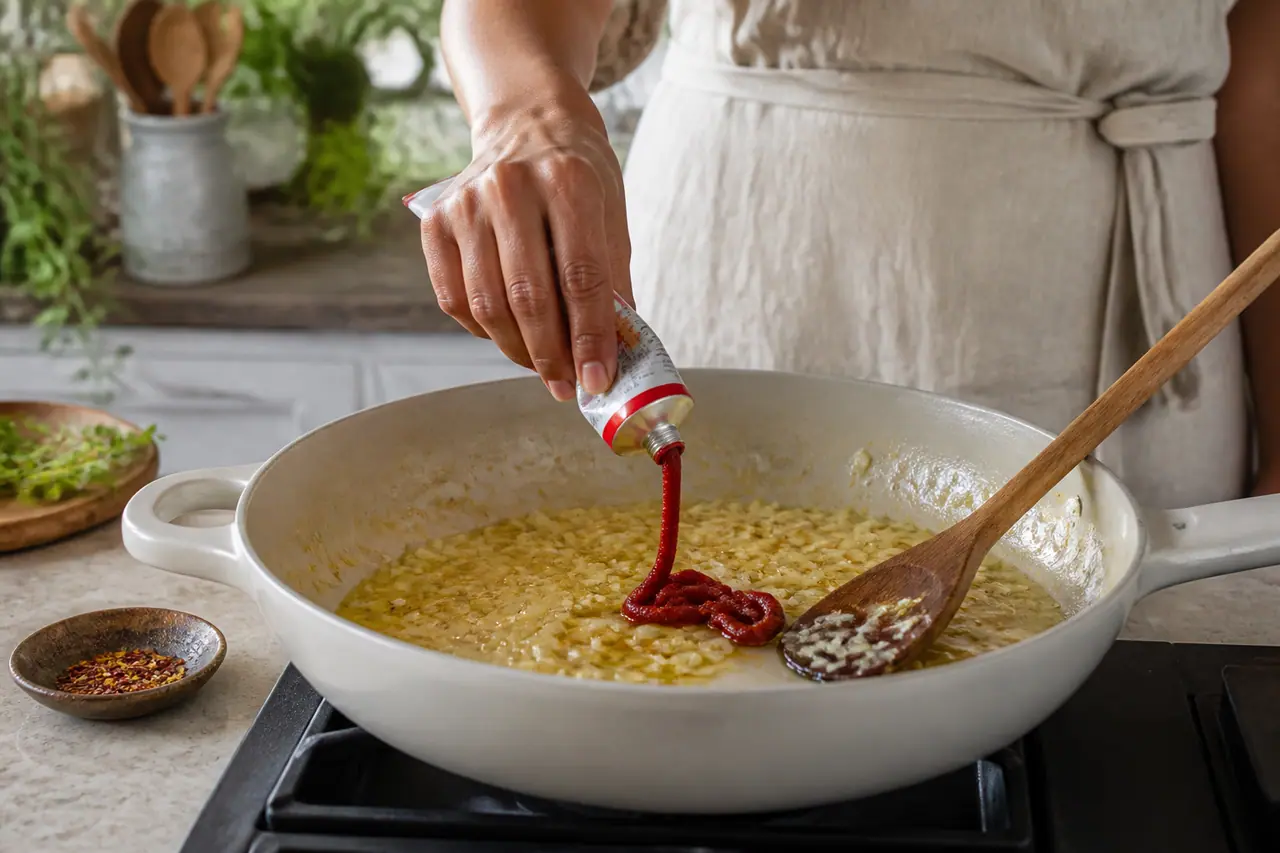 Hands squeezing a small ribbon of tomato paste into a warm pan