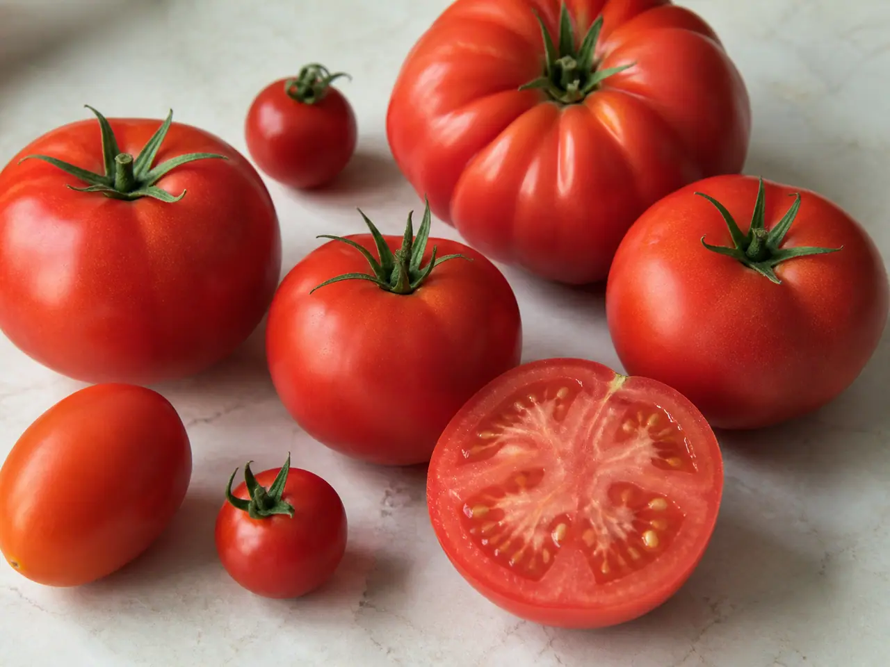 Ripe field tomatoes with one cut open on a kitchen table