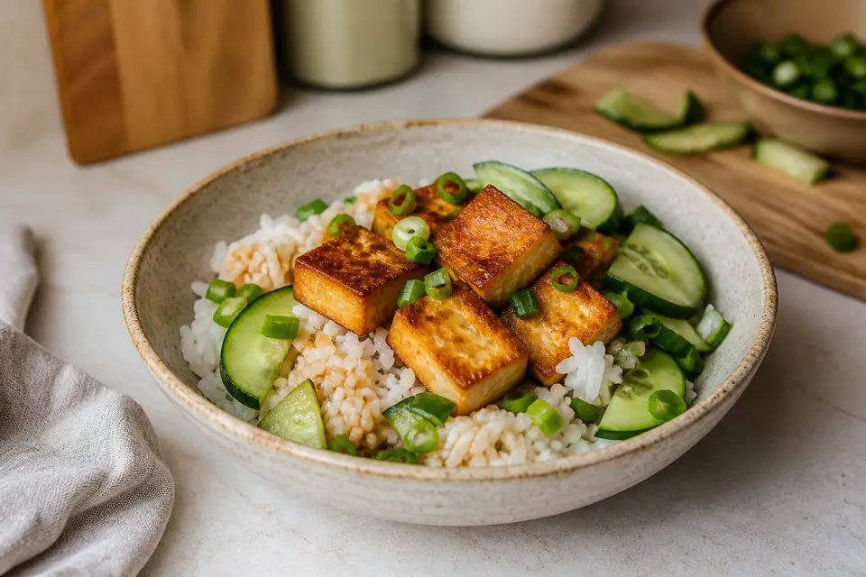Leftover rice topped with crisp tofu cucumber and spring onions