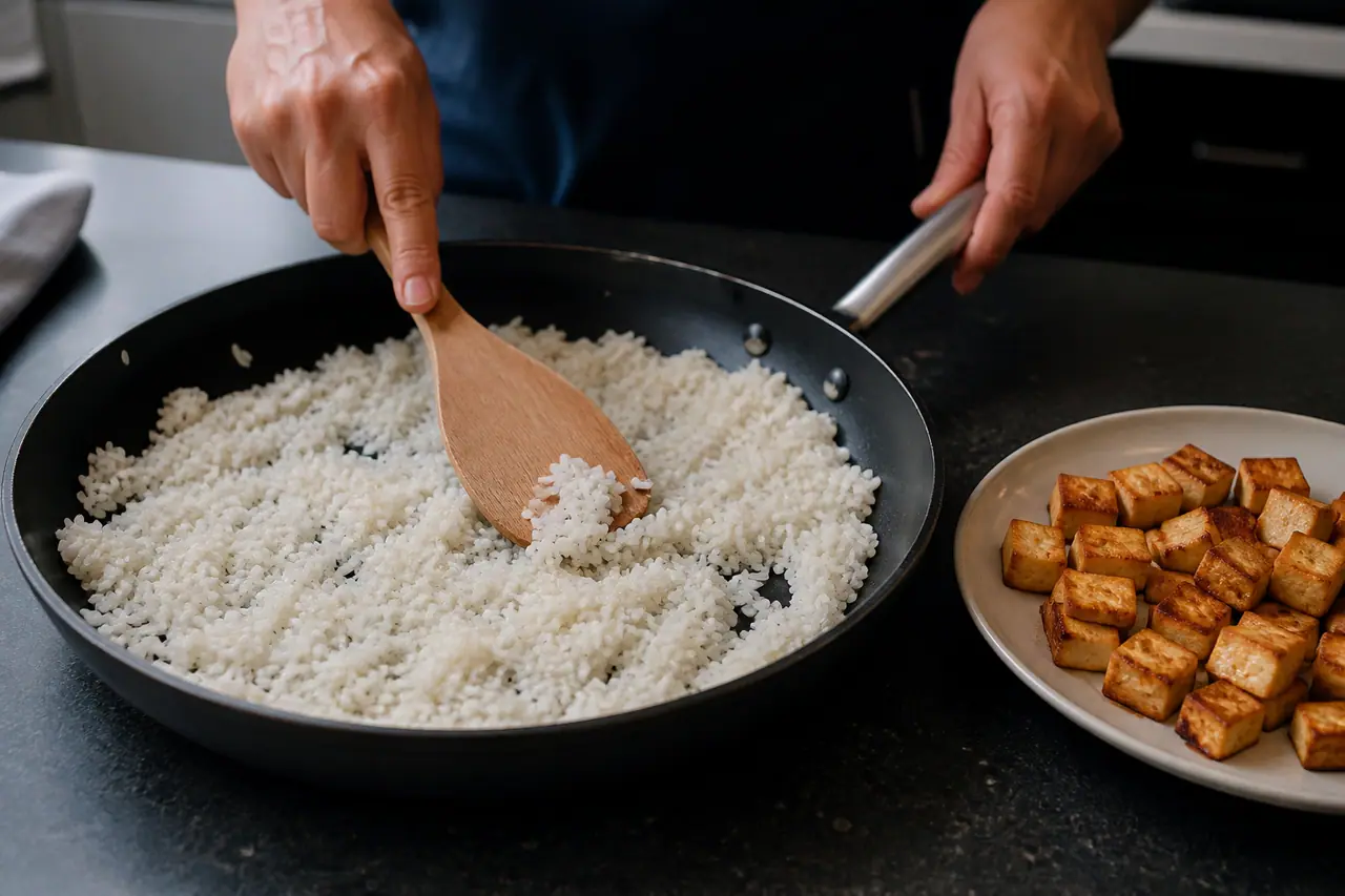 Hands spreading chilled rice in a skillet beside browned tofu pieces