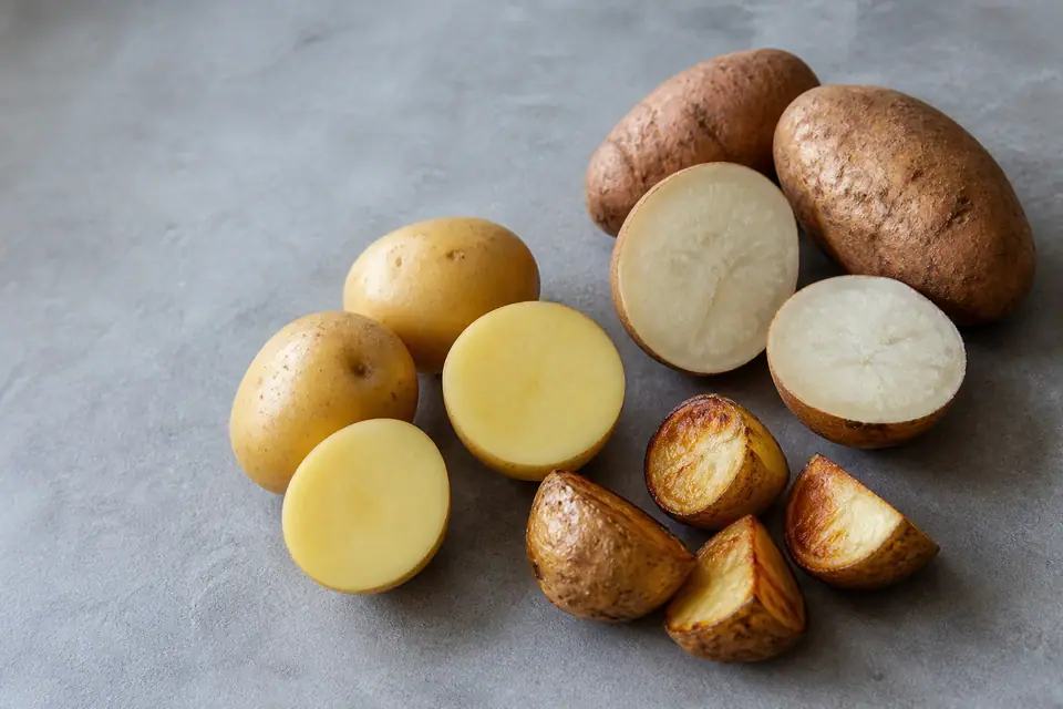 Cut waxy and floury potatoes side by side on a pale board