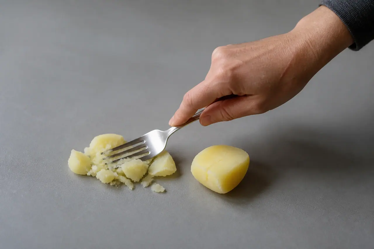 Hand pressing boiled waxy and floury potato pieces with a fork