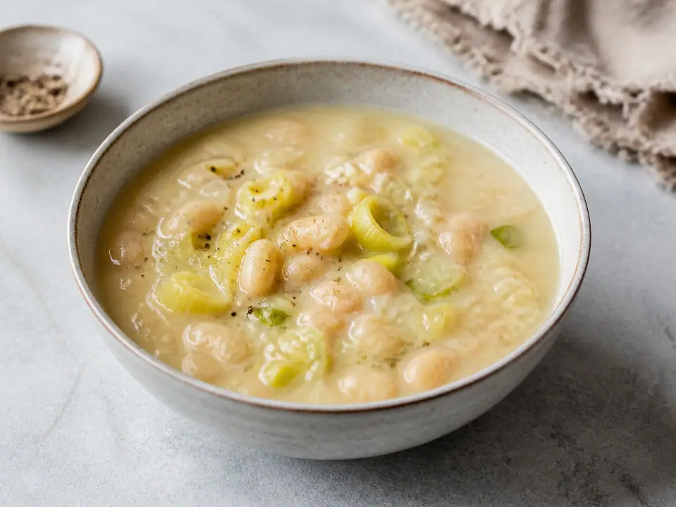 White bean leek soup with greens and toasted bread