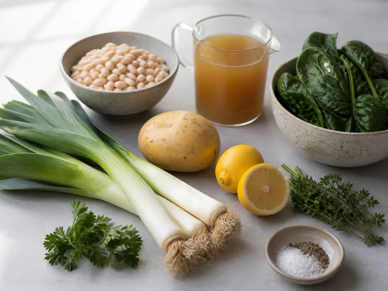 Leeks white beans potato stock and greens and toasted bread ready for soup
