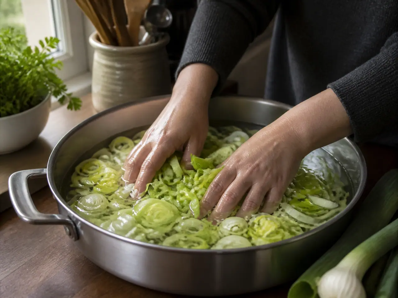 Hands stirring white beans leeks and potato in a wide saucepan