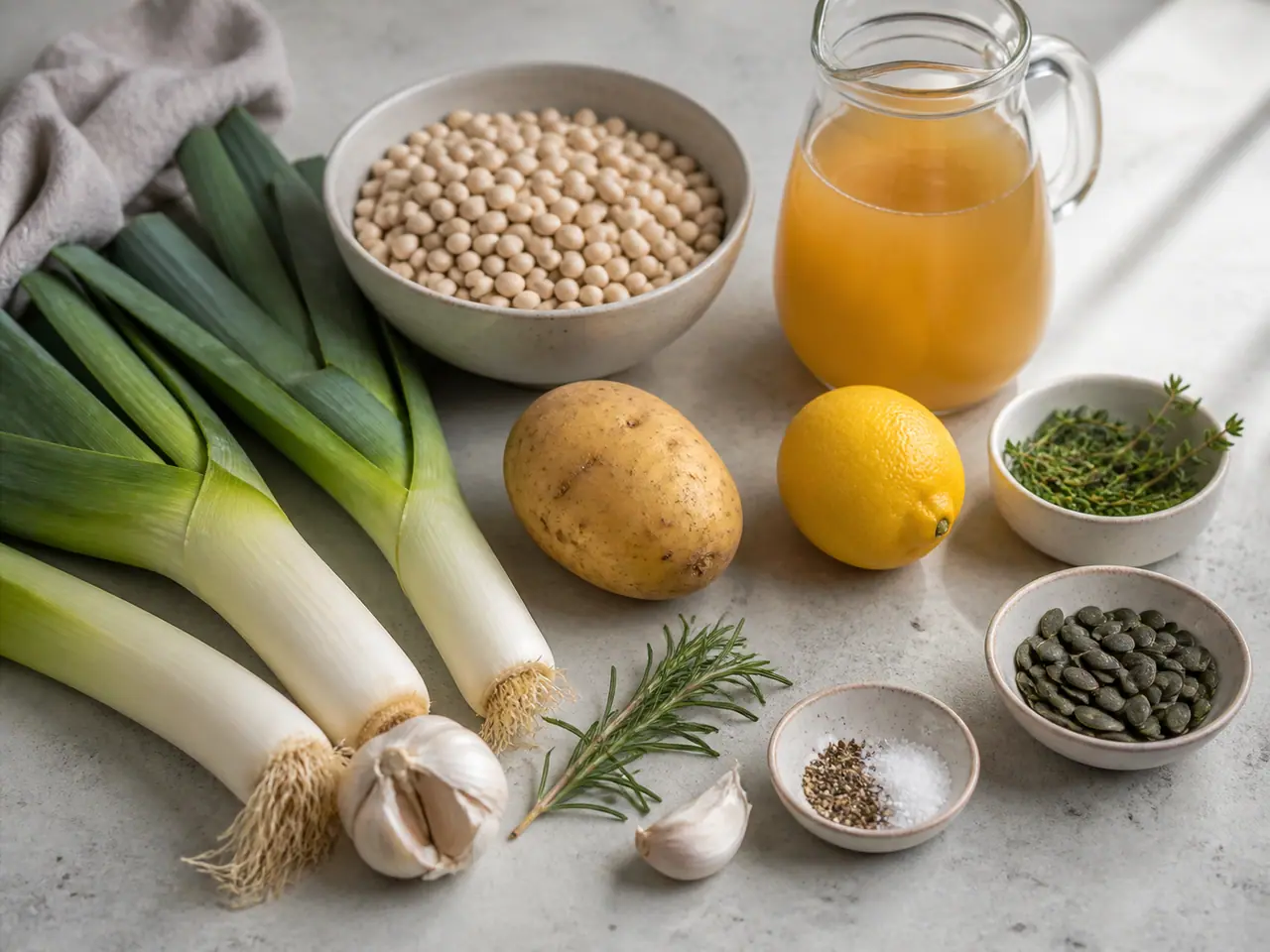 Leeks white beans potato stock and fresh lemon and parsley ready for soup